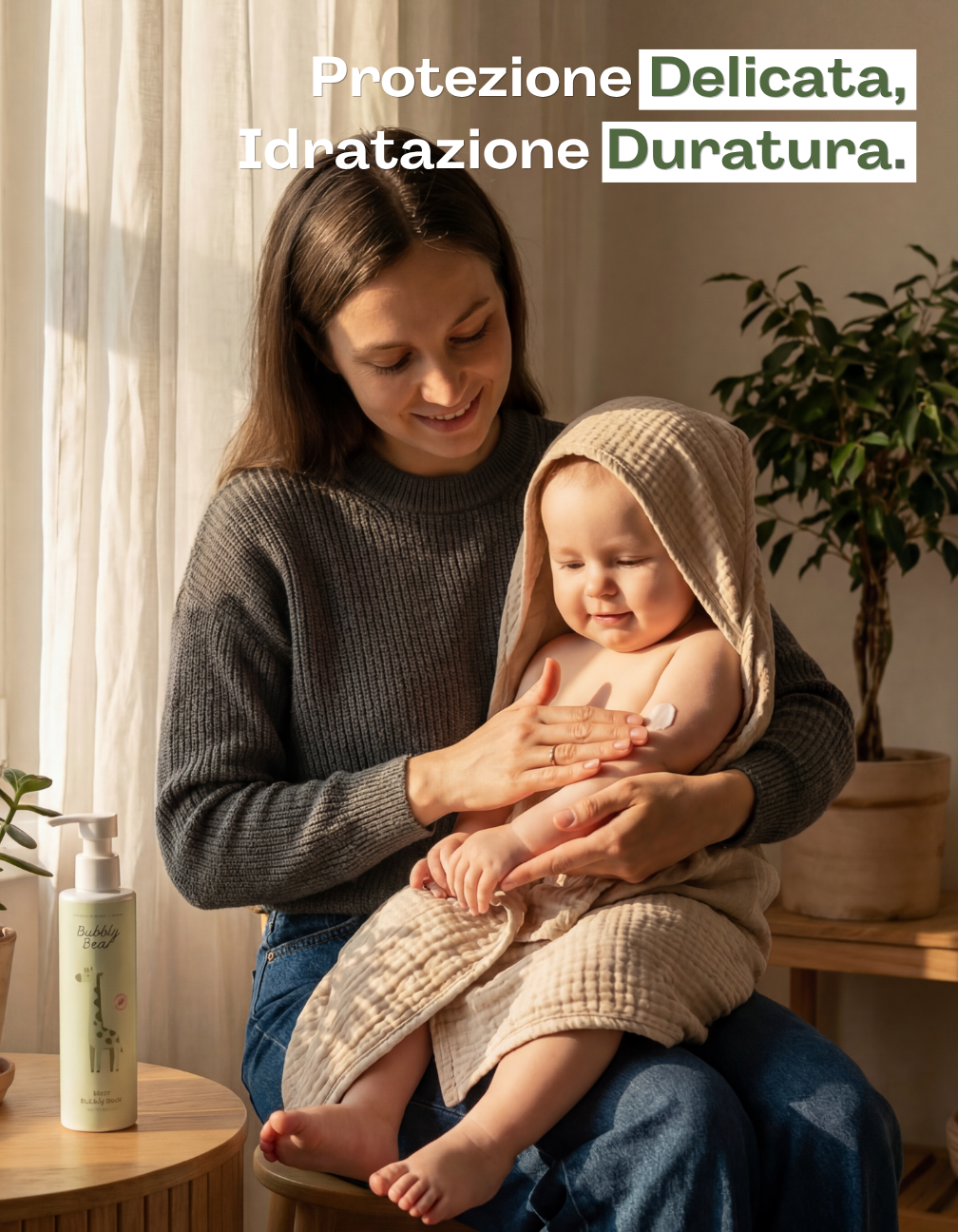 Mamma che applica la crema corpo baby bio Bubbly Bear sul bambino – protezione delicata e idratazione duratura
