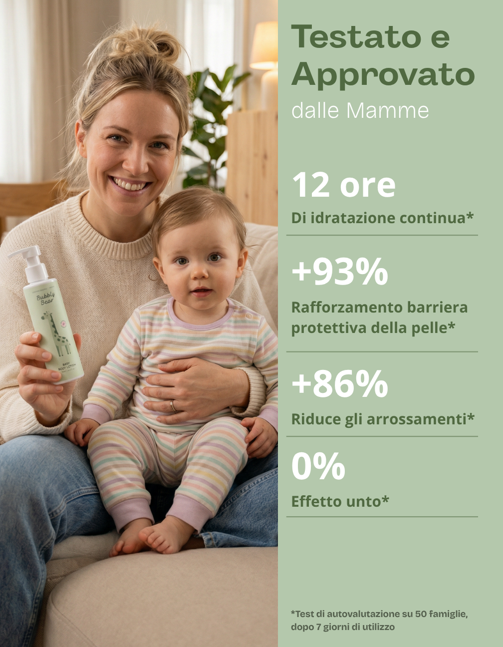 Crema corpo baby bio Bubbly Bear testata e approvata dalle mamme – 12 ore di idratazione, +93% barriera cutanea, +86% riduzione arrossamenti, 0% effetto unto