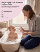 Mamma che fa il bagnetto al neonato con la mousse detergente baby bio senza sapone Bubbly Bear – formula innovativa per le pelli più sensibili