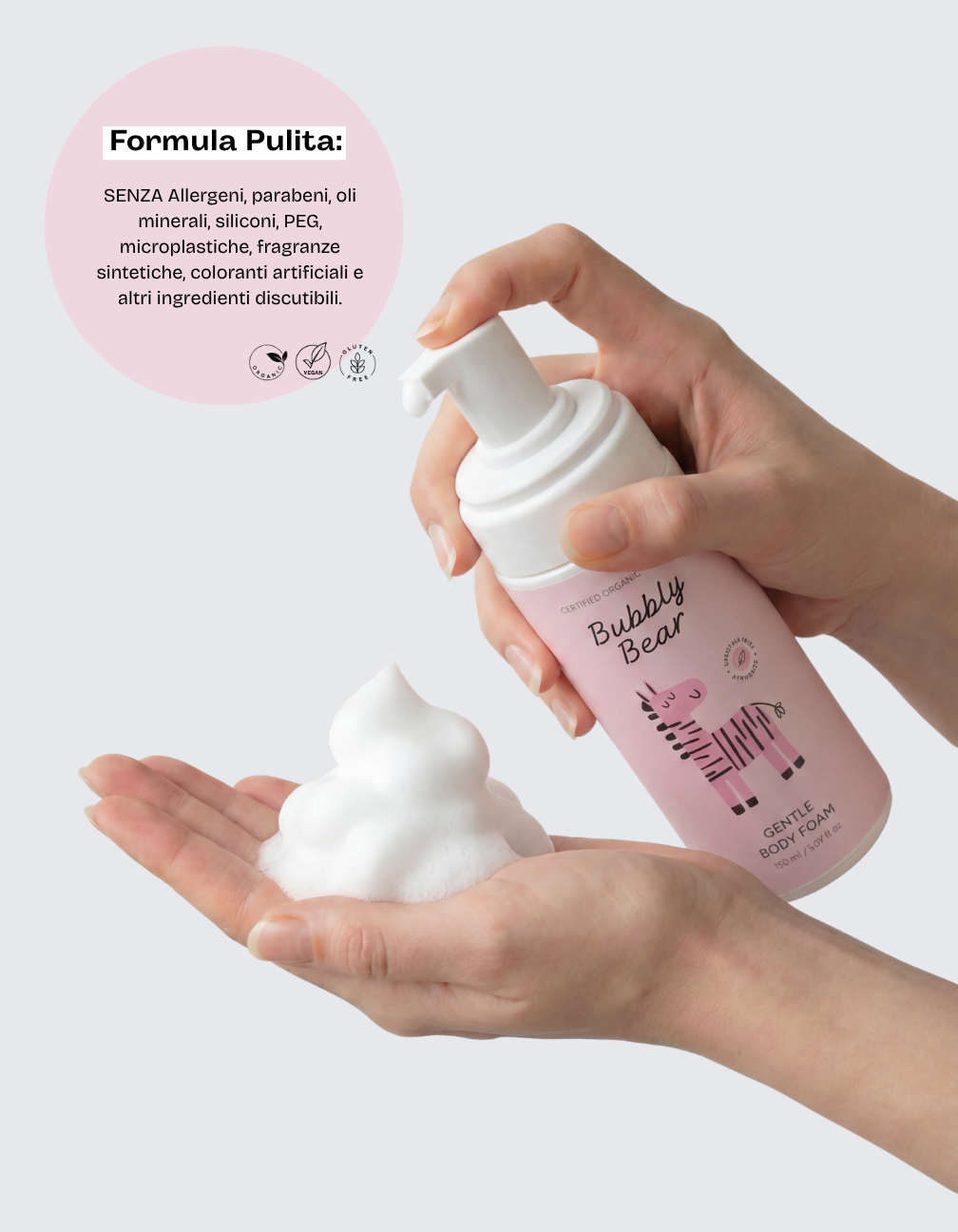 Mousse detergente baby bio senza sapone Bubbly Bear – formula pulita senza allergeni, parabeni, siliconi e microplastiche
