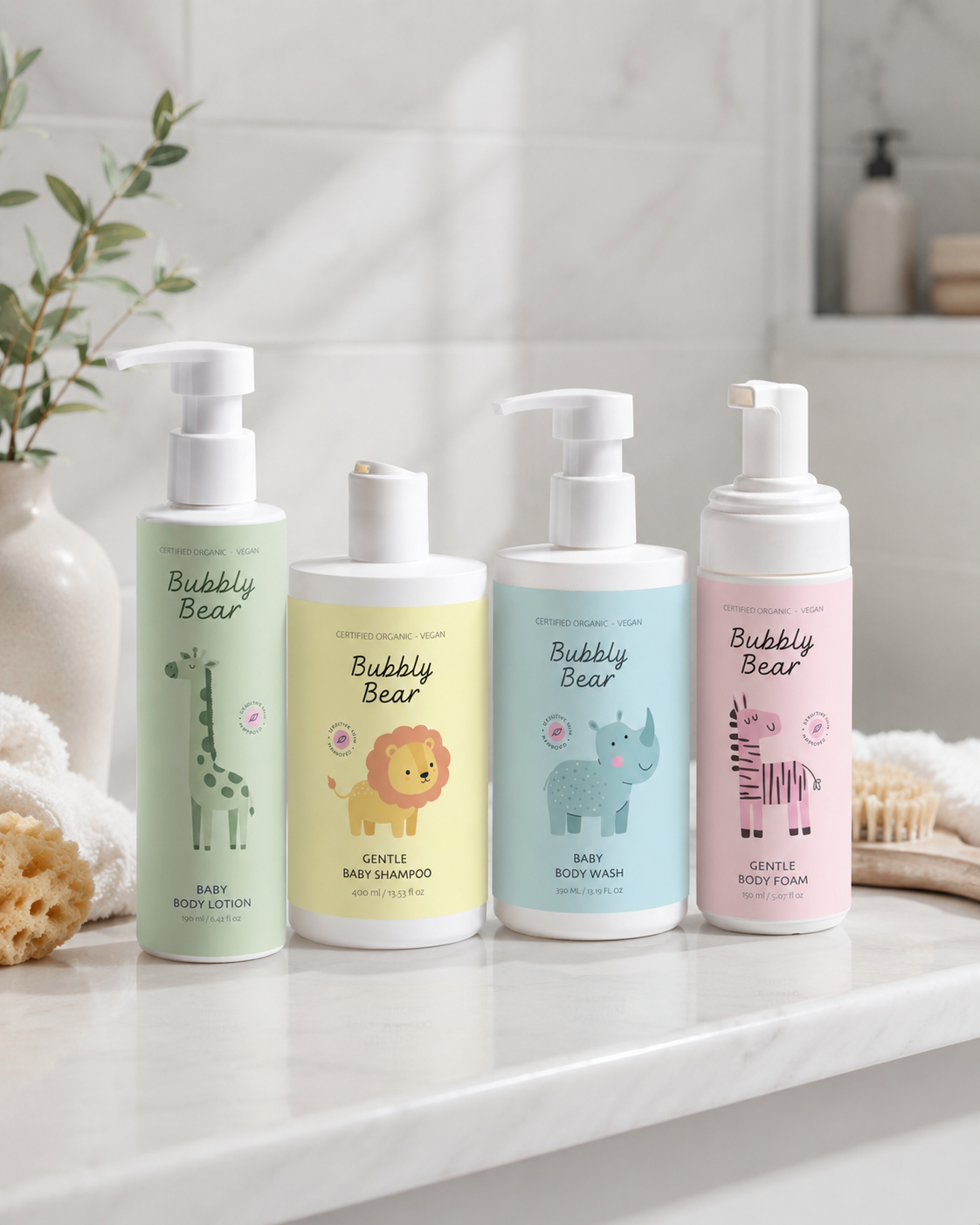 Set baby bio La Collezione Completa Bubbly Bear – shampoo, detergente 3 in 1, mousse senza sapone e crema corpo per neonati